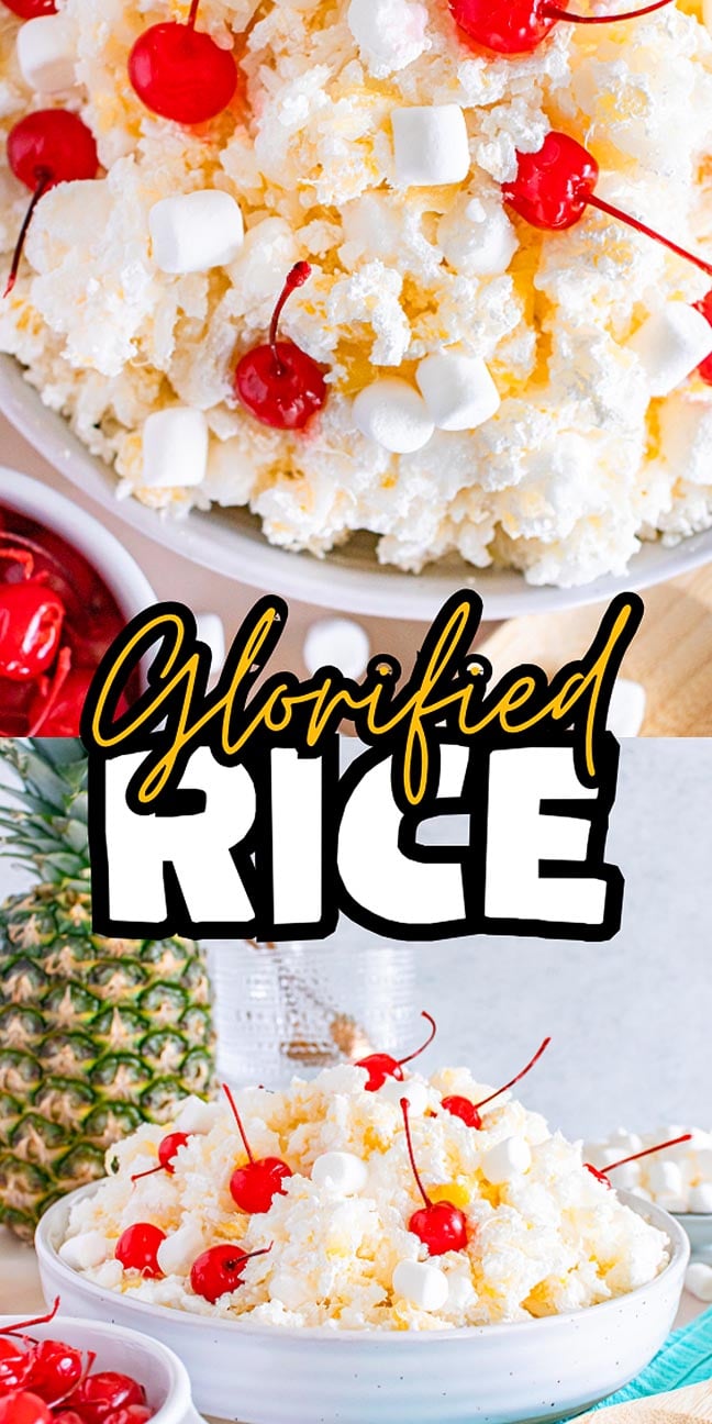 A bowl of glorified rice dessert topped with cherries and mini marshmallows, featuring a "Glorified Rice" text overlay.