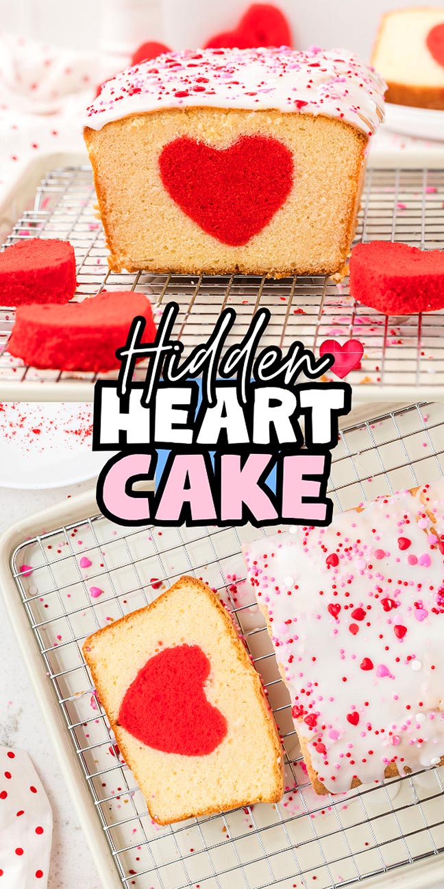 A hidden heart cake featuring a red heart shape inside, topped with white icing and red sprinkles, perfectly capturing the surprise within every slice.