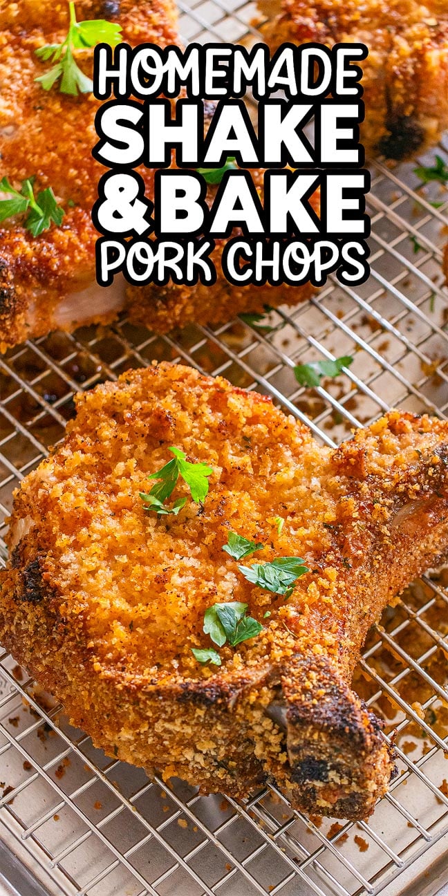 Close-up of crispy Homemade Shake and Bake Pork Chops on a wire rack, garnished with parsley, with bold text about the recipe.