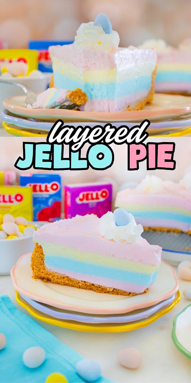 A colorful Layered Jello Pie slice with whipped cream and a candy egg on top, surrounded by Jello boxes and pastel candies.