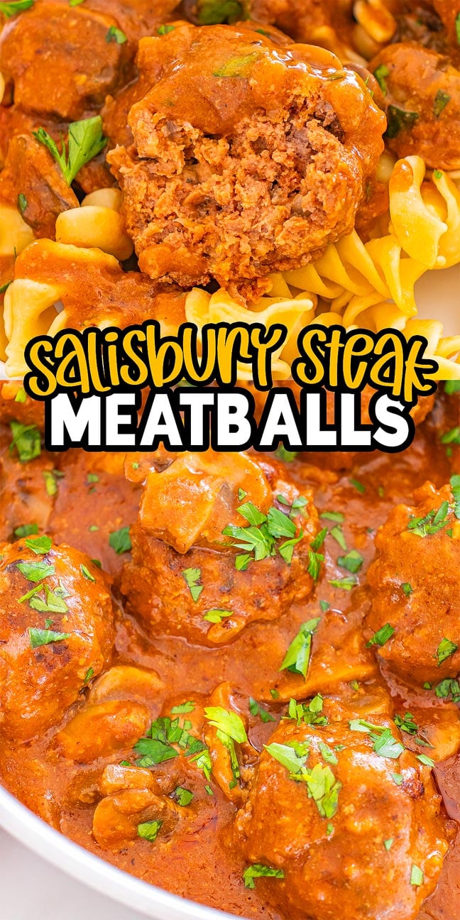 Close-up of Salisbury Steak Meatballs nestled in rich brown gravy, served over egg noodles and garnished with parsley.