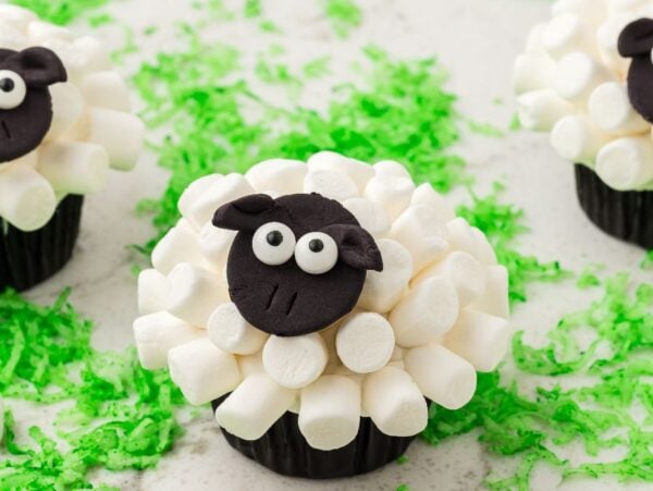 Sheep Cupcakes decorated with marshmallows and black fondant sit on green shredded coconut grass, creating an adorable farmyard treat.