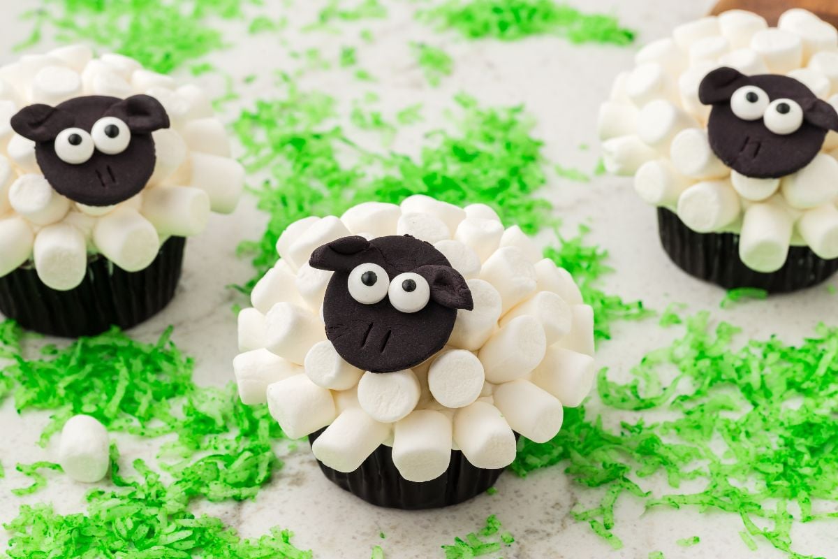 Sheep Cupcakes decorated with marshmallows and fondant faces, surrounded by green coconut flakes.