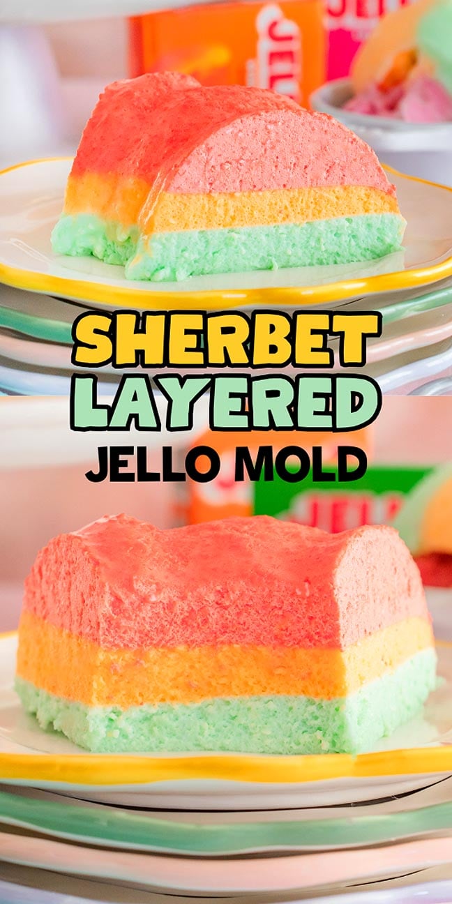 A vibrant Sherbet Layered Jello Mold features three colorful layers—pink, orange, and green—beautifully set and served on a plate.