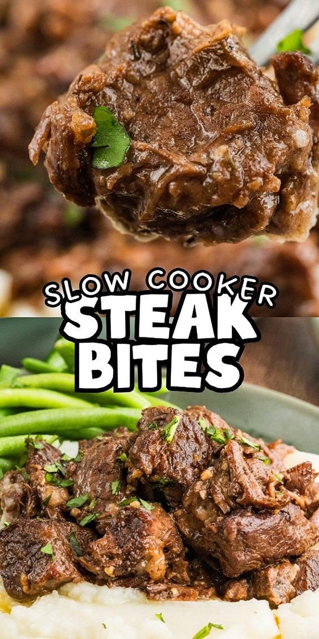 Close-up of tender Slow Cooker Steak Bites garnished with herbs, served over mashed potatoes with green beans.