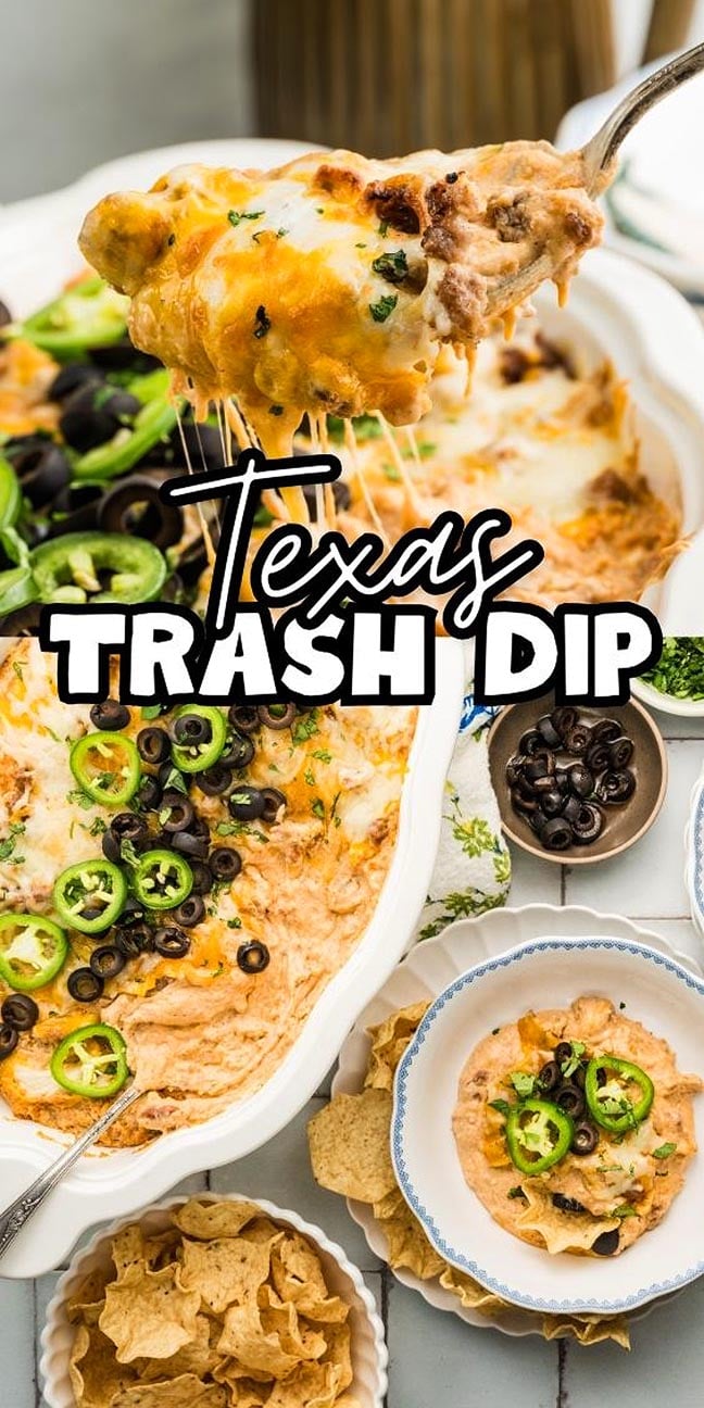 This cheesy Texas Trash Dip is topped with jalapeños and olives, served warm with crispy tortilla chips.
