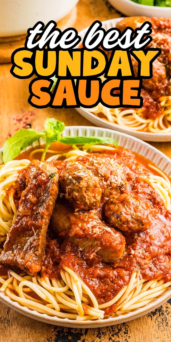 Plate of spaghetti topped with meatballs, ribs, and rich red Sunday Sauce, with text: "The Best Sunday Sauce.