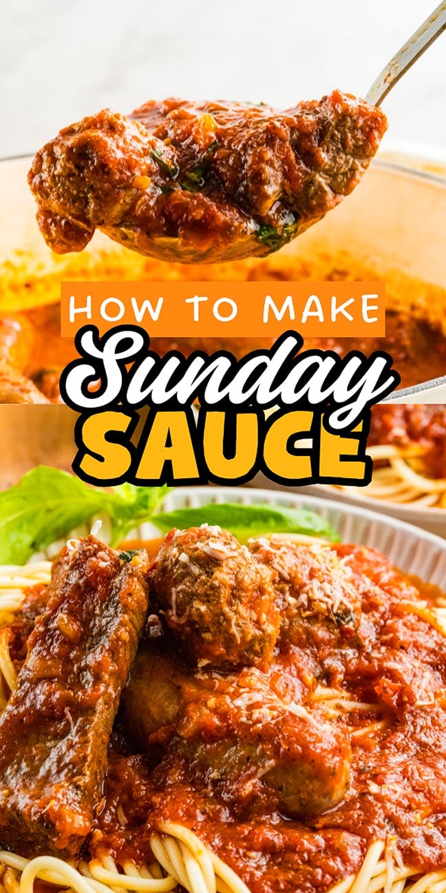 A spoonful of meat and tomato sauce is held above a plate of spaghetti, perfectly capturing the essence of classic Sunday Sauce. Text reads: "How to Make Sunday Sauce.