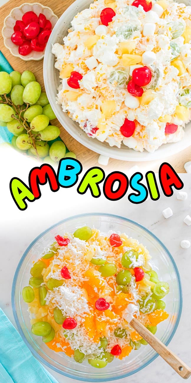 Two bowls of classic ambrosia salad with fruit, marshmallows, and cherries, plus extra grapes and cherries on the side.