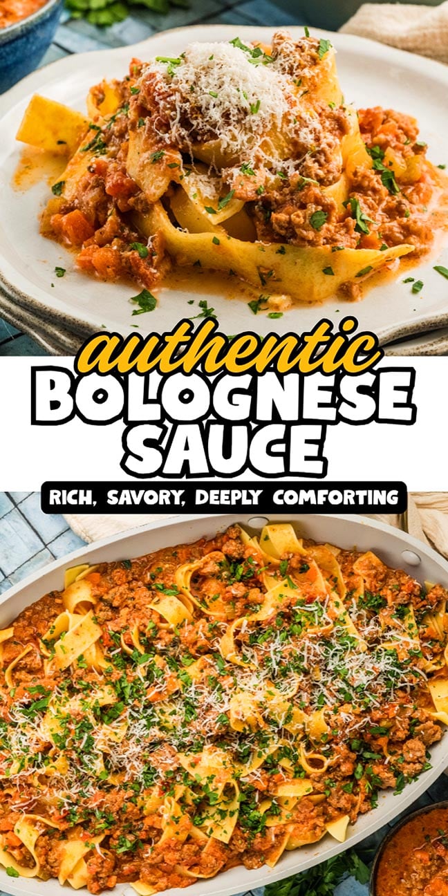 Plate and pan of pasta with hearty, authentic Bolognese sauce, topped with grated cheese and chopped parsley.