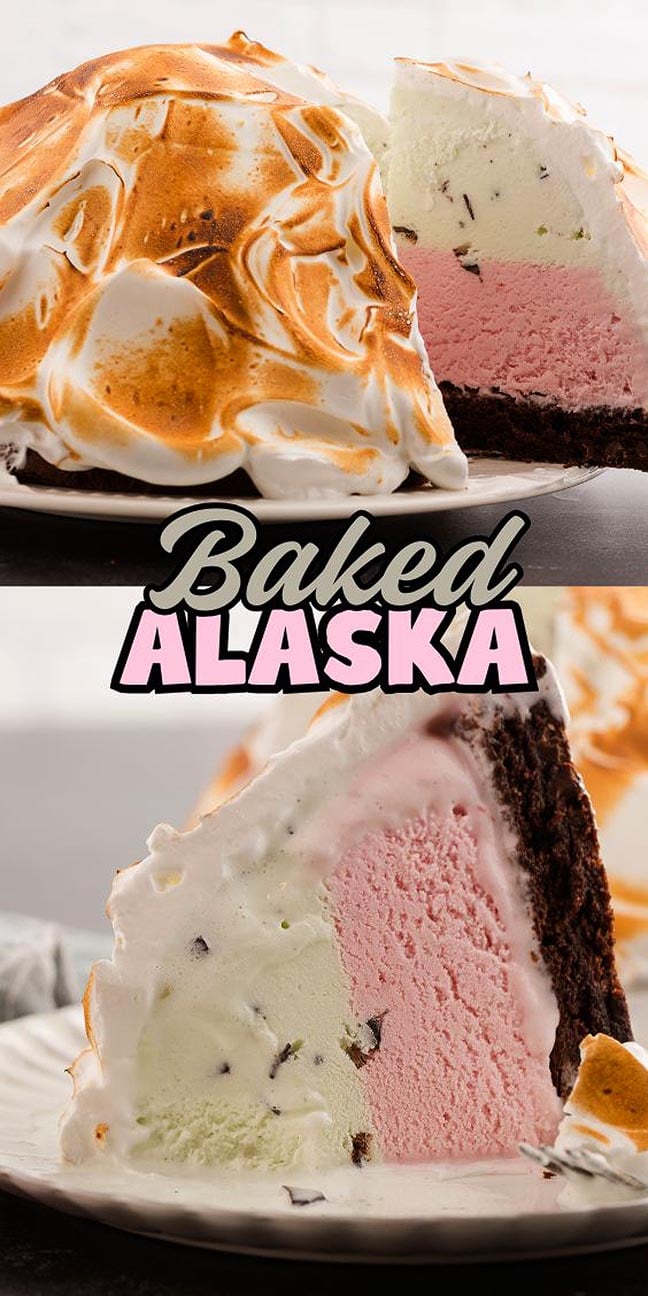 A slice of Baked Alaska reveals layers of creamy ice cream and cake beneath a golden, toasted meringue.