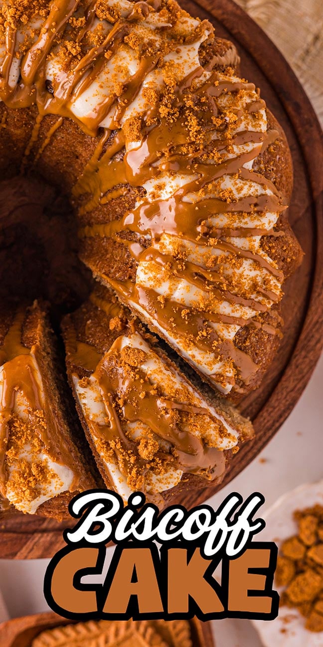 Irresistible Biscoff Cake topped with white icing, Biscoff spread, and cookie crumbs, finished with a "Biscoff Cake" text overlay.