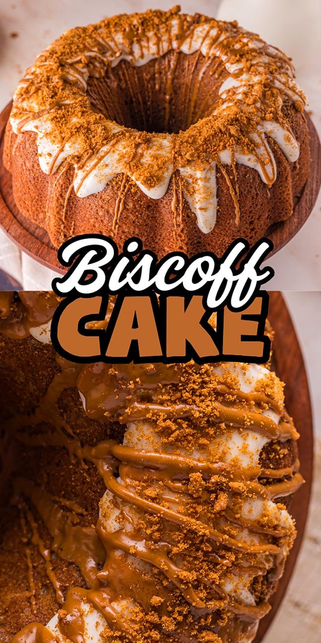 A delightful Biscoff Cake bundt with white icing and Biscoff cookie crumbs, finished with a generous Biscoff drizzle, served on a wooden platter.