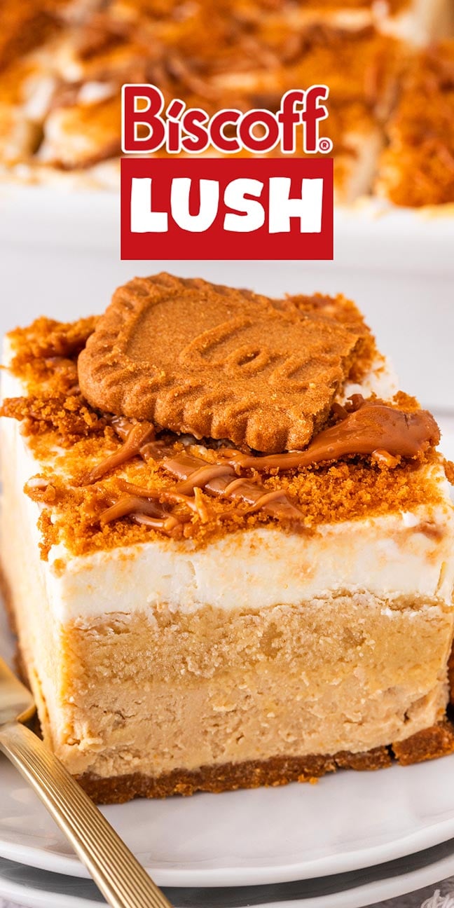 A creamy layered Biscoff lush dessert topped with whipped cream and a Biscoff cookie, served on a plate with a fork.