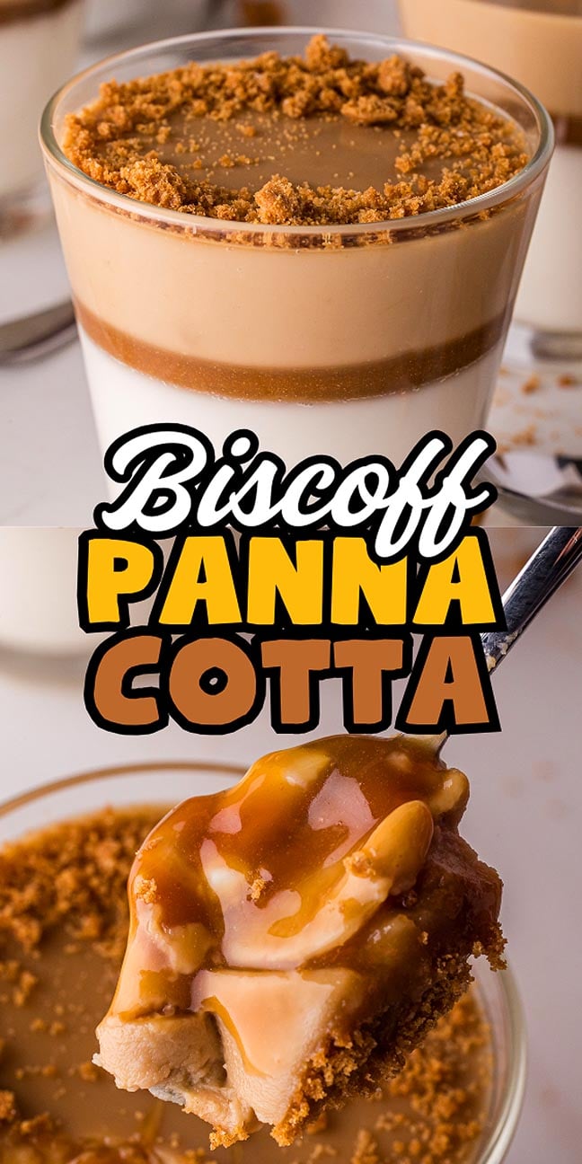 A glass of creamy Biscoff Panna Cotta topped with biscuit crumbs and caramel, with a close-up of a spoonful revealing its rich, velvety texture.