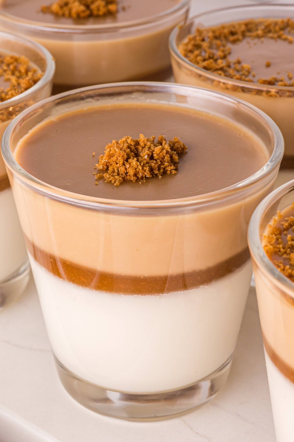 A layered biscoff panna cotta dessert in a glass cup with white, brown, and caramel layers, topped with crumbled cookie.