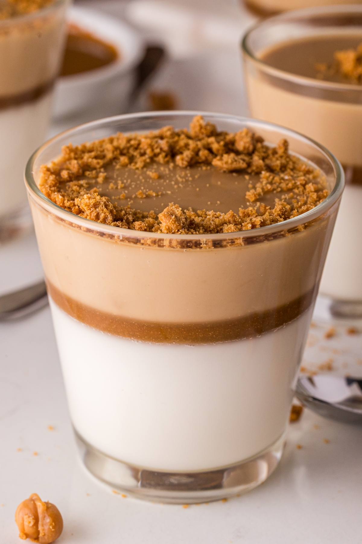 A glass of layered biscoff panna cotta dessert with white base, caramel middle, brown top, and crumbled topping.