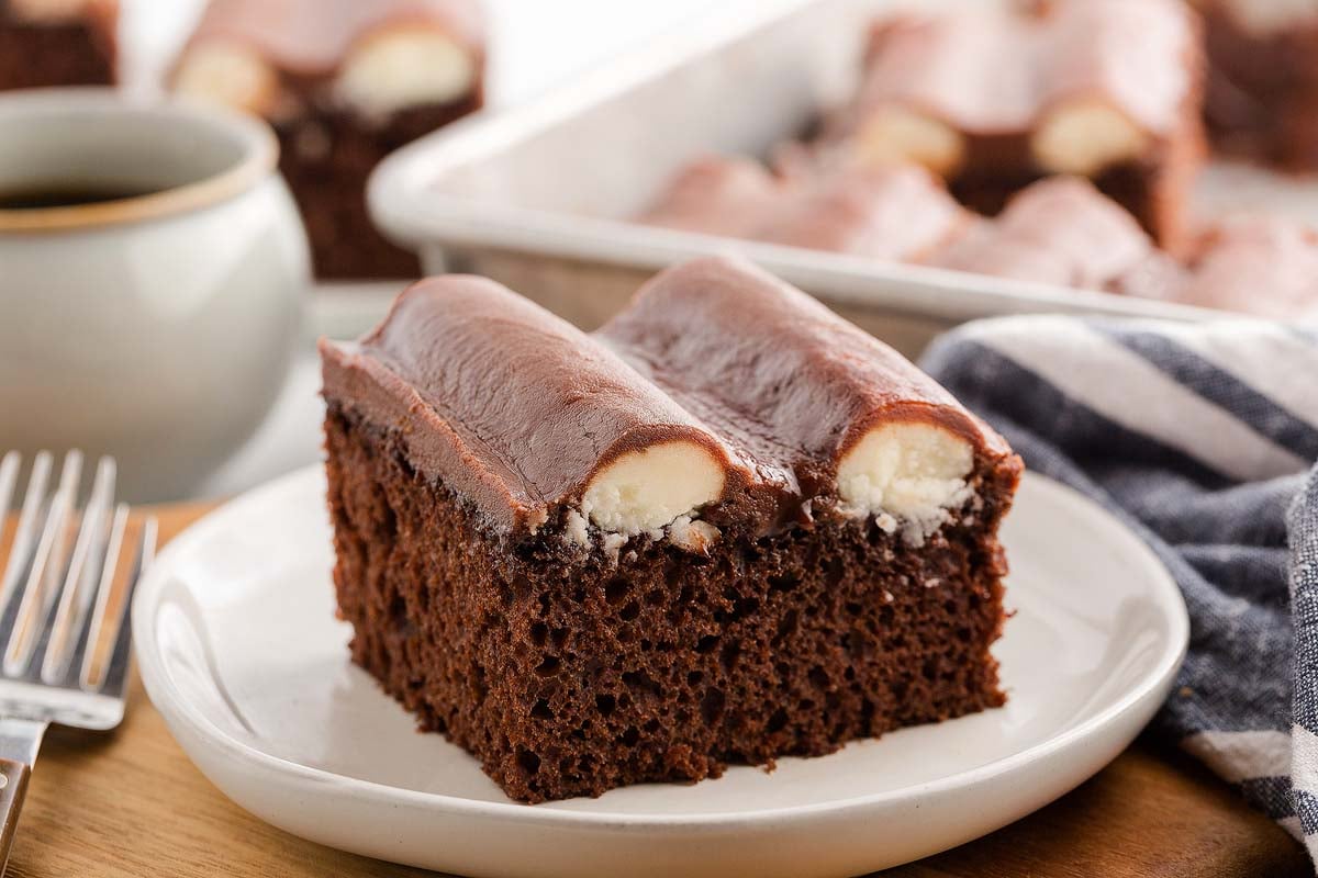 A slice of bumpy cake with creamy filling, topped with rich chocolate frosting, sits on a white plate.
