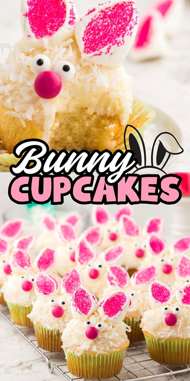 Bunny cupcakes decorated with pink ears, candy eyes, and noses are arranged on a cooling rack, making an adorable sweet treat.