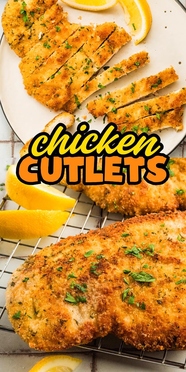 Golden, crispy chicken cutlets rest on a plate and cooling rack, garnished with fresh parsley and lemon wedges for a burst of flavor.