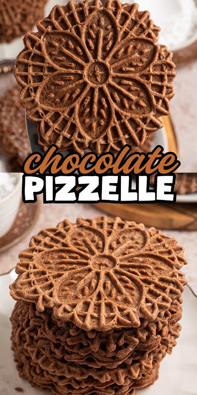 A stack of chocolate pizzelle cookies showcases their intricate, decorative patterns on each delicious treat.
