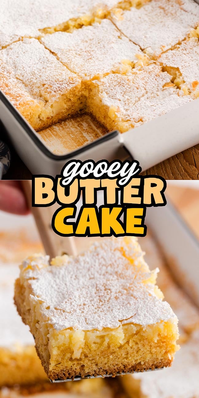 Gooey butter cake dusted with powdered sugar, cut into squares in a baking pan, with one decadent piece of gooey butter cake lifted out.