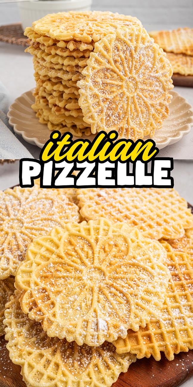 A stack and a plate of round, golden Italian pizzelle cookies dusted with powdered sugar are displayed, showcasing the classic charm of these traditional Italian Pizzelle treats.