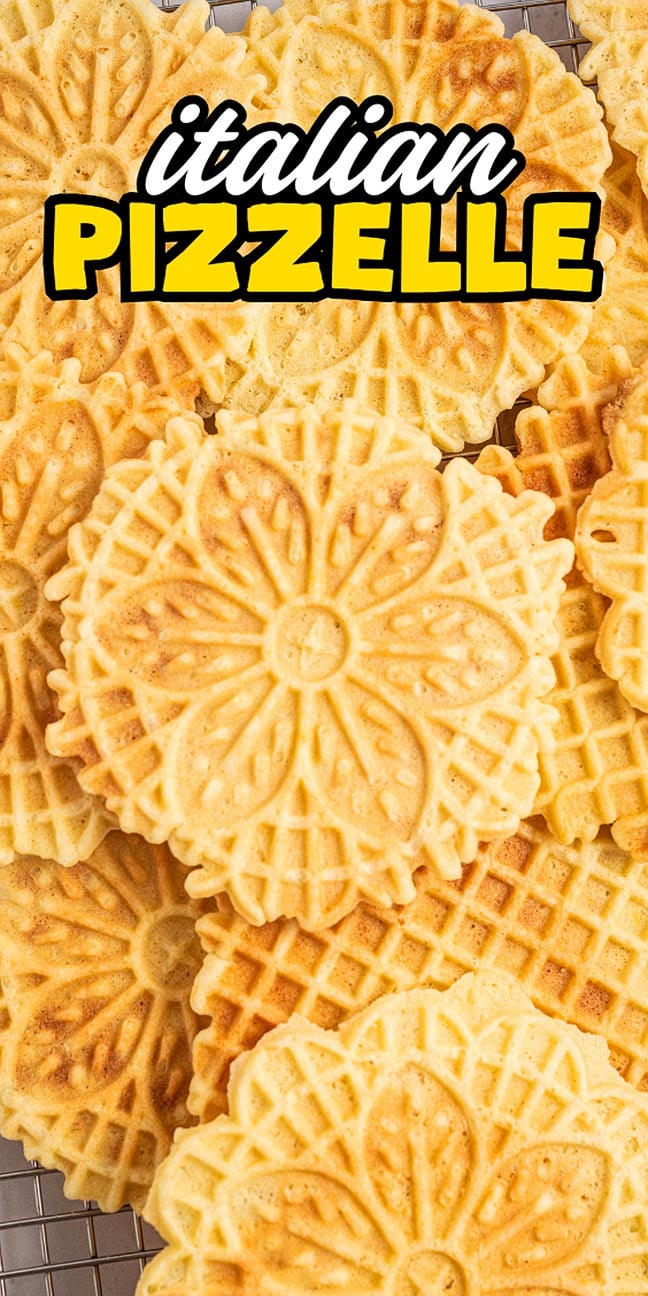 A pile of golden, patterned Italian Pizzelle cookies cools on a rack, with the words "Italian Pizzelle" elegantly displayed above.