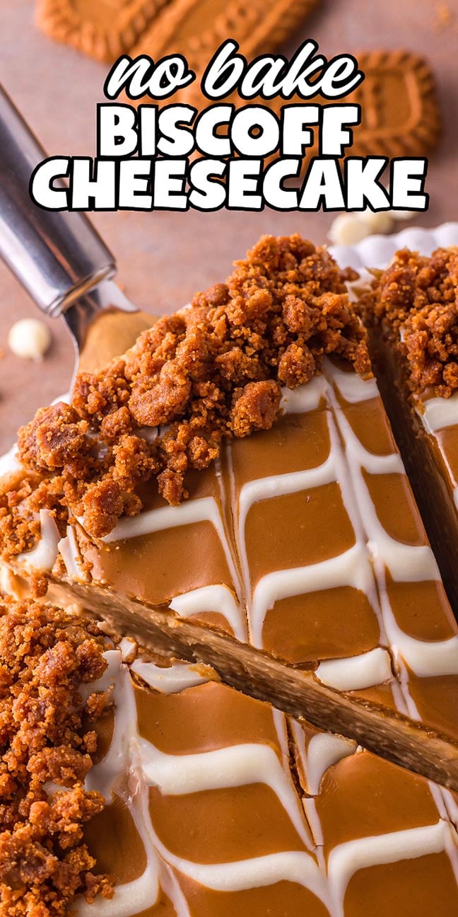 Close-up of a no bake Biscoff cheesecake with a cookie crumb topping and white icing grid, being sliced with a spatula.