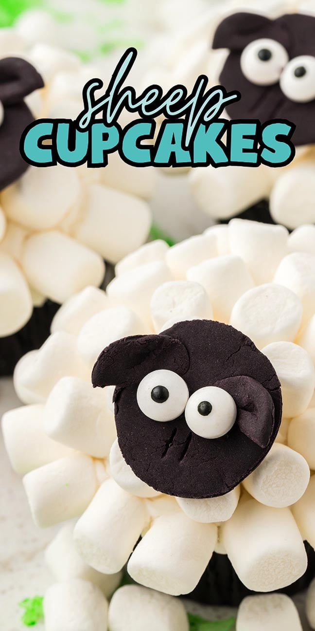 Sheep Cupcakes featuring white marshmallow "wool" and black fondant faces, topped with candy eyes, make a charming treat for any occasion.