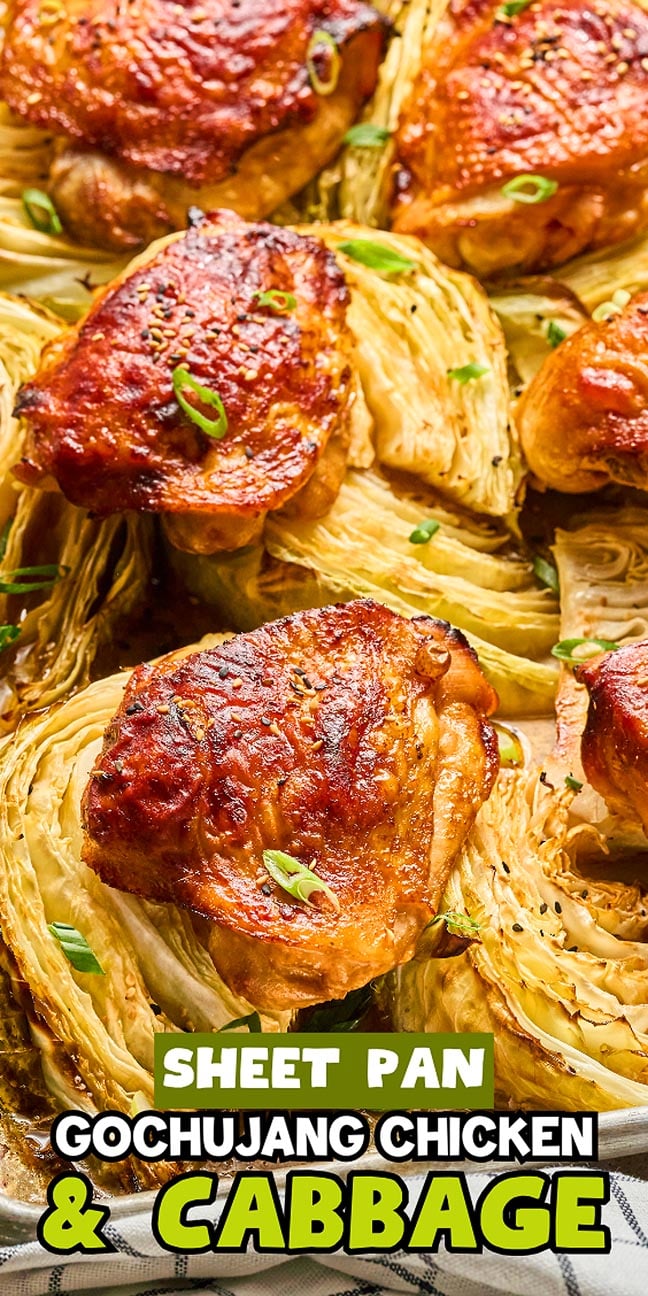 Sheet Pan Gochujang Chicken and Cabbage features gochujang-glazed chicken thighs baked with tender cabbage wedges, then garnished with sliced green onions.