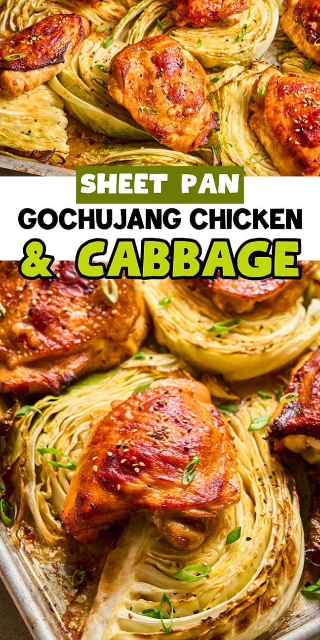Sheet Pan Gochujang Chicken and Cabbage features roasted gochujang chicken thighs and cabbage wedges, garnished with green onions for a flavorful, easy meal.