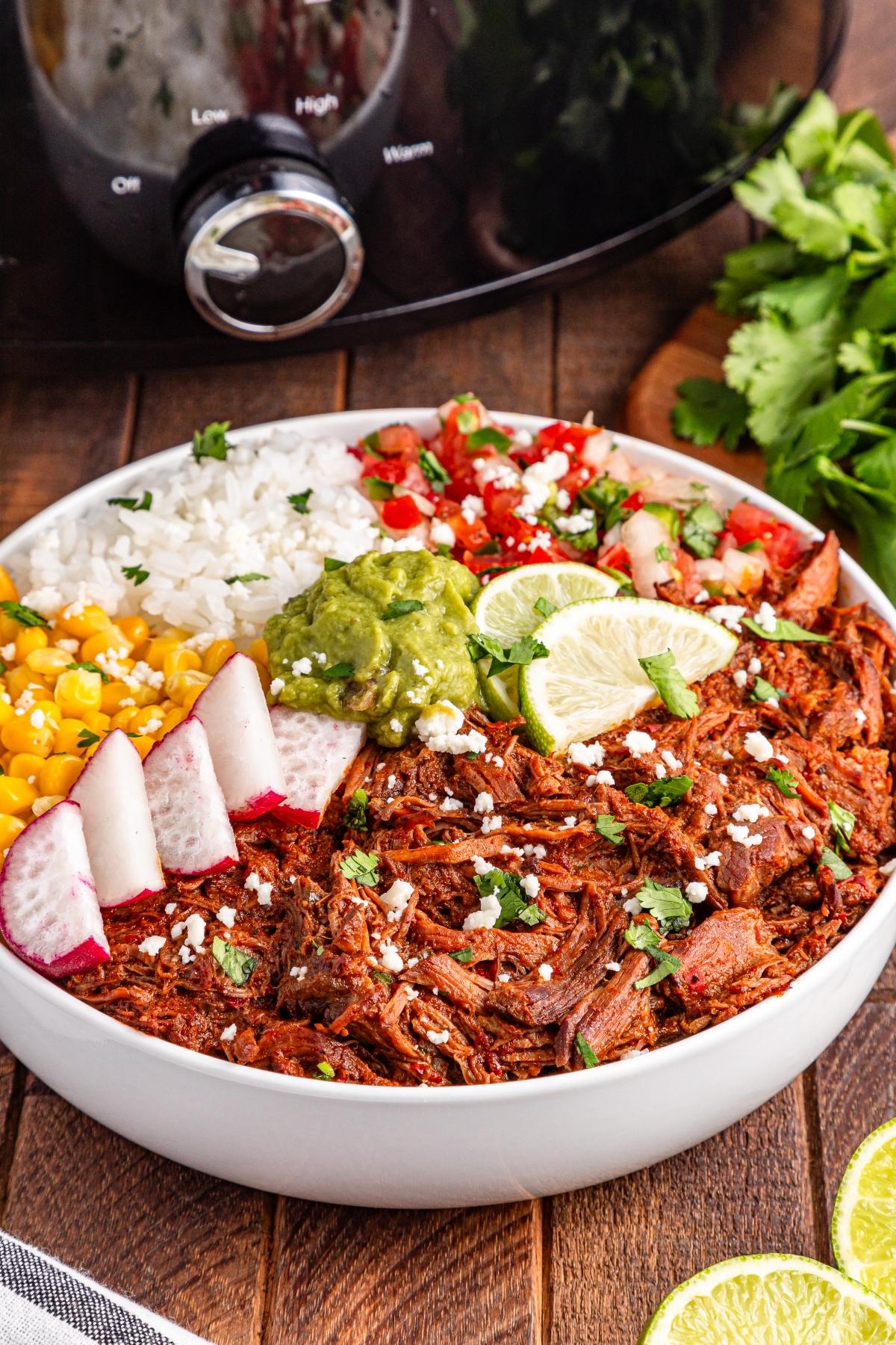 A slow cooker birria with shredded meat, rice, corn, radish, guacamole, pico de gallo, and lime slices.