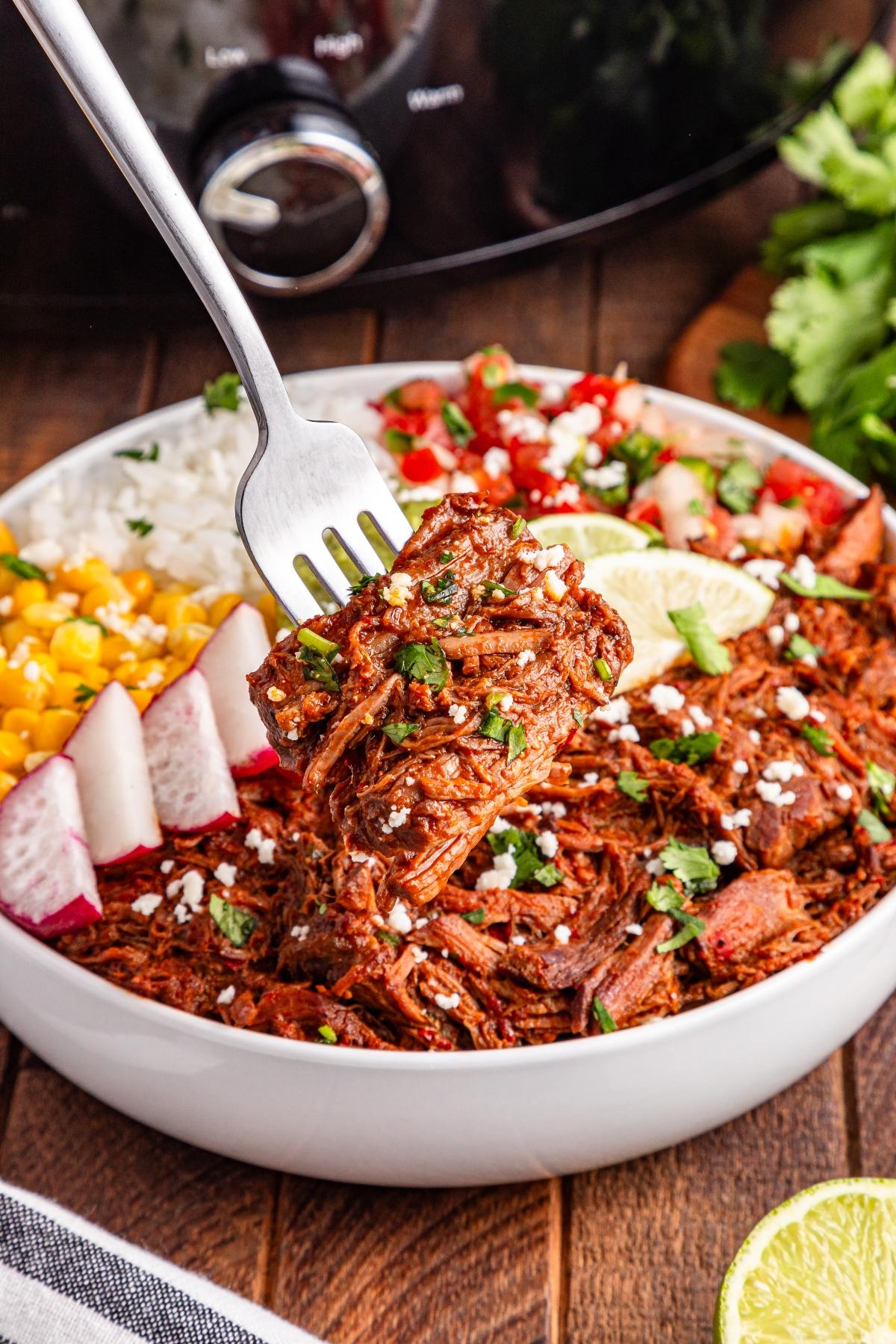 A fork lifts shredded beef from a bowl with rice, corn, radishes, pico de gallo, and lime.
