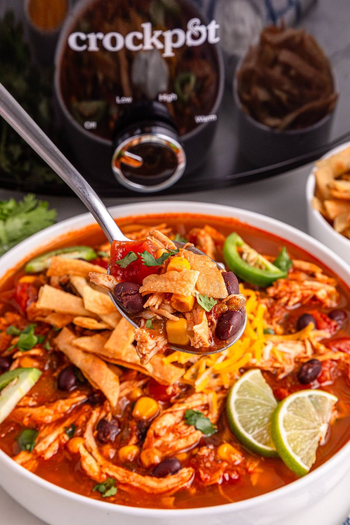 A bowl of chicken tortilla soup topped with cheese, lime, and tortilla strips, with a spoonful held up.