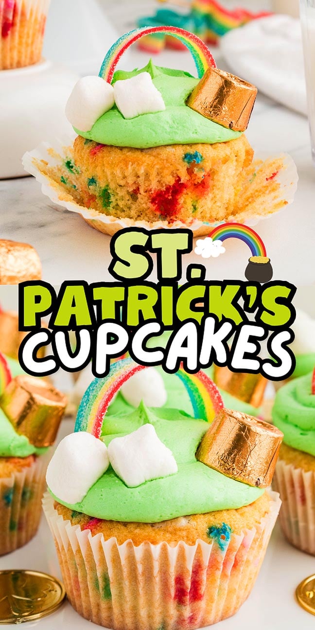St. Patrick's Day Cupcakes topped with green frosting, marshmallows, rainbow candy, and gold-wrapped chocolate coins make the perfect festive treat.