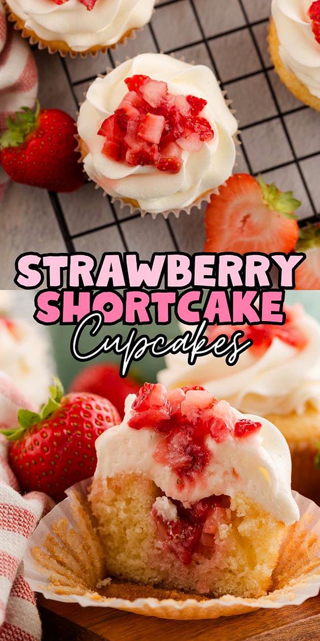 Strawberry Shortcake Cupcakes topped with whipped cream and strawberries, surrounded by fresh strawberries and colorful cupcake wrappers.
