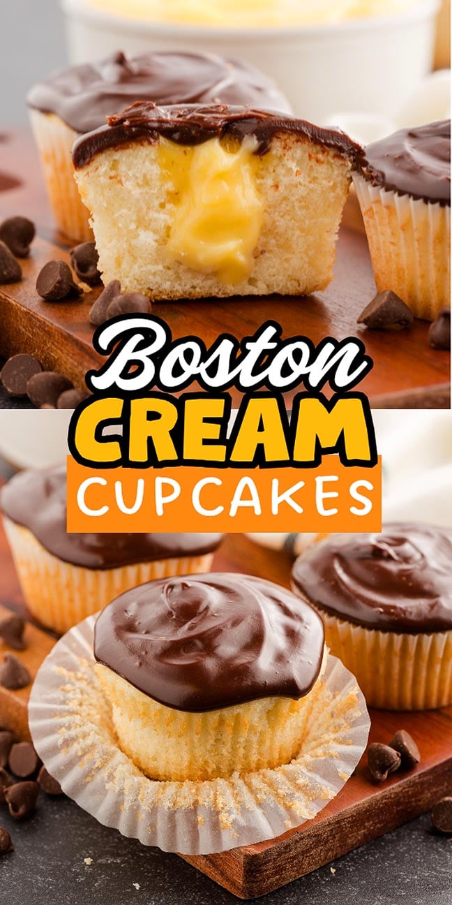 Boston cream cupcakes with chocolate topping and creamy filling, shown on a wooden board with chocolate chips, make an irresistible treat for any Boston cream cupcake lover.