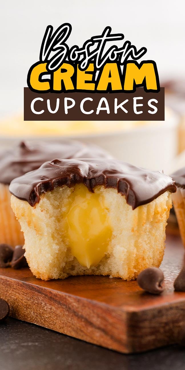 Vanilla cupcake with chocolate topping and creamy yellow filling, these Boston cream cupcakes offer a delicious twist on a classic dessert.