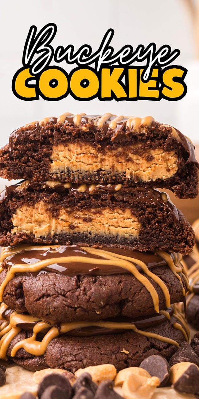 Stacked Buckeye Cookies with a rich peanut butter filling, drizzled with caramel, are pictured, with "Buckeye Cookies" labeled above.