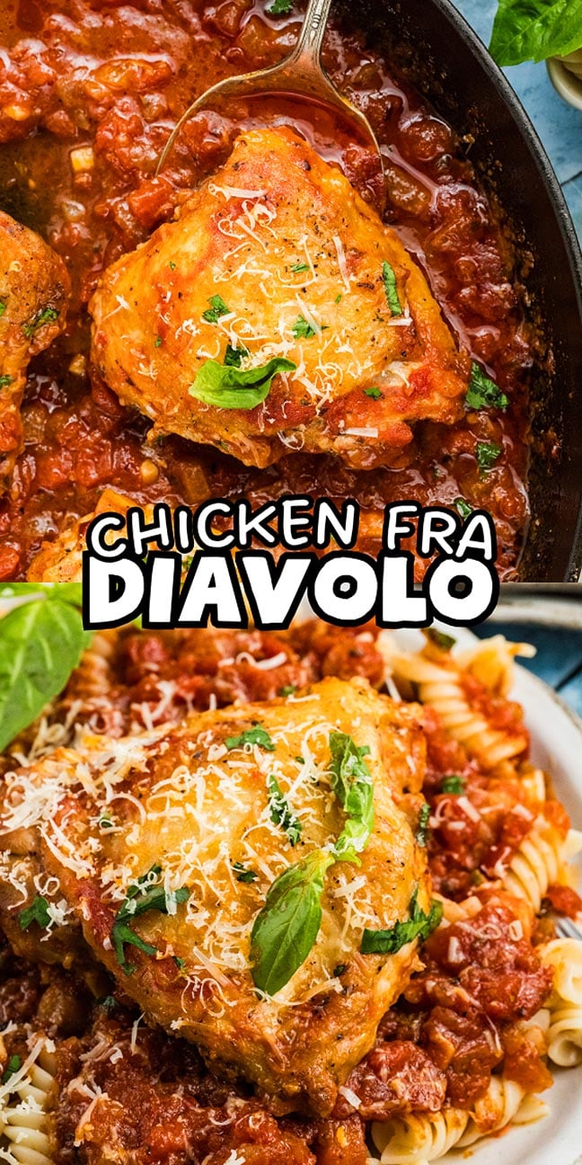 Chicken fra diavolo in spicy tomato sauce, topped with fresh basil and cheese, served over pasta for a rustic and flavorful presentation.