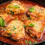Chicken fra diavolo thighs simmered in zesty tomato sauce, garnished with fresh herbs and cheese, cooked to perfection in a black skillet.