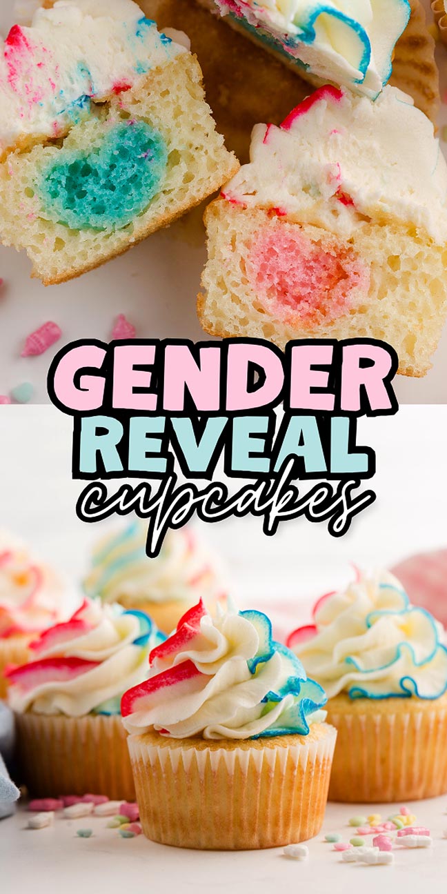 Gender reveal cupcakes with blue and pink centers, topped with swirled icing, make the big moment extra sweet.