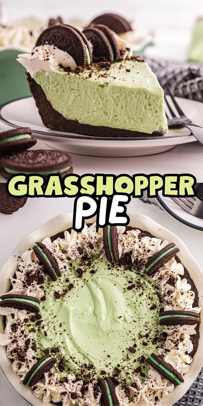 A slice and whole grasshopper pie with creamy mint filling, whipped cream, Oreo cookies, and a classic grasshopper pie cookie crust.