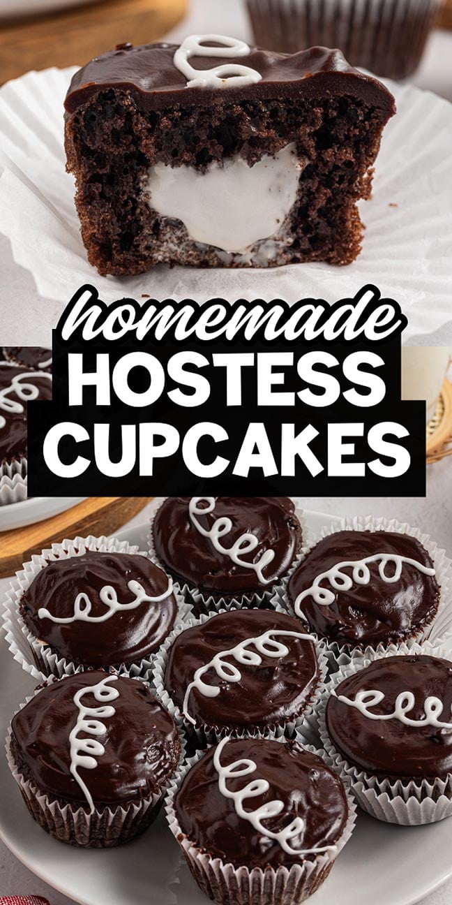 Chocolate cupcakes with white icing swirls and a creamy filling, these Homemade Hostess Cupcakes are the perfect nostalgic treat.
