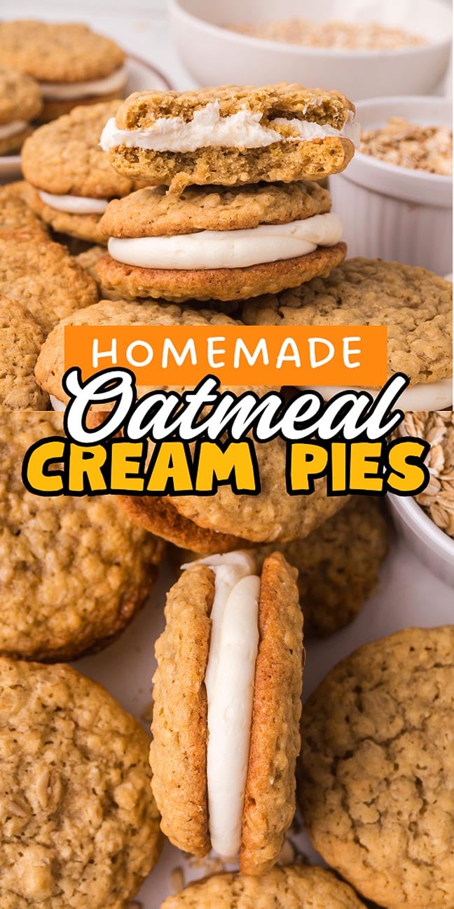 Homemade Oatmeal Cream Pies with white filling, stacked and displayed alongside bowls of oats in the background.
