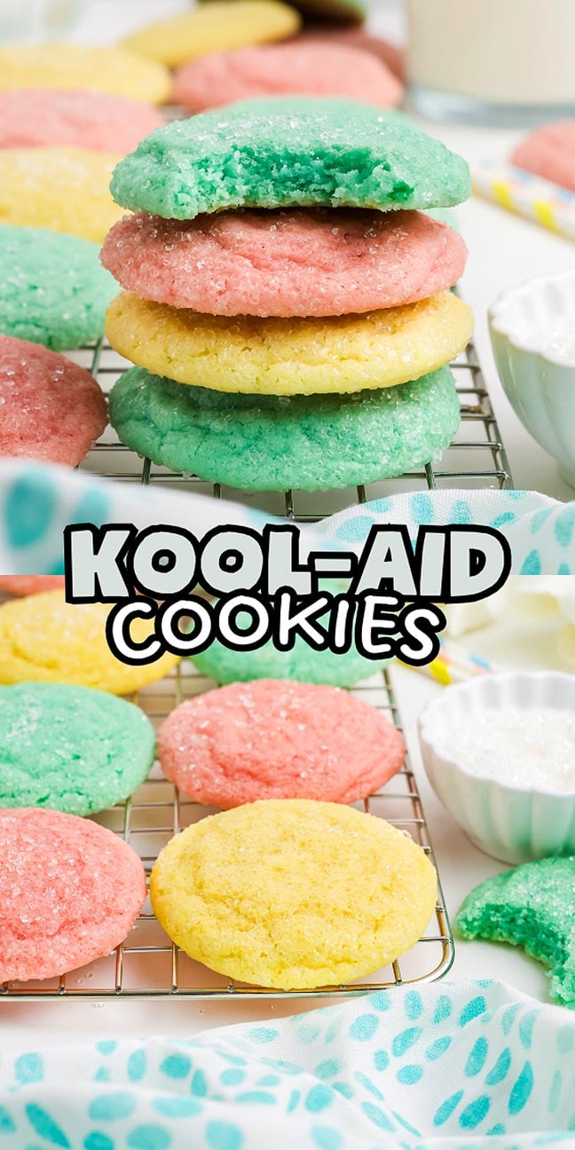 Colorful red, yellow, and green Kool-Aid Cookies on a cooling rack and plate, labeled with their fun name.