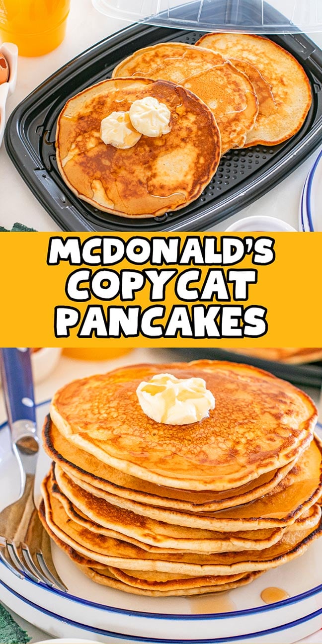 A stack of fluffy pancakes with butter on top, labeled "McDonalds Copycat Pancakes," perfect for recreating the classic breakfast at home.