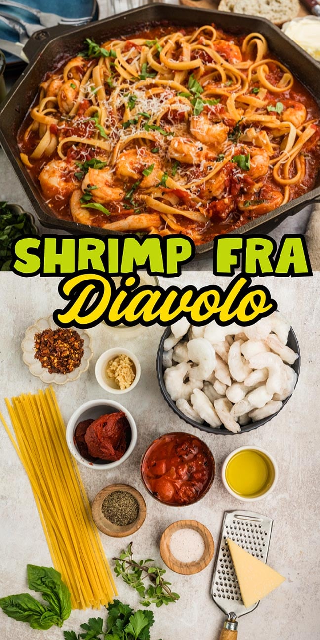A skillet of Shrimp fra Diavolo pasta and its raw ingredients arranged on a white surface.