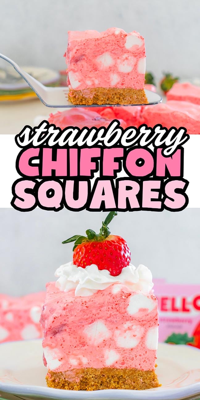 Enjoy our strawberry chiffon squares—light and airy with a graham cracker crust, topped with whipped cream and a fresh strawberry for the perfect sweet bite.